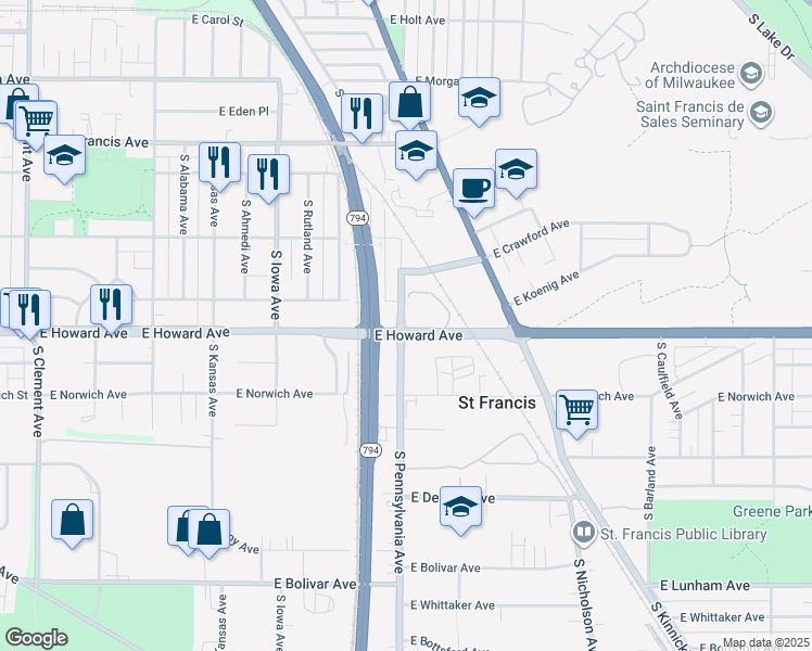 map of restaurants, bars, coffee shops, grocery stores, and more near 2500 East Howard Avenue in Saint Francis