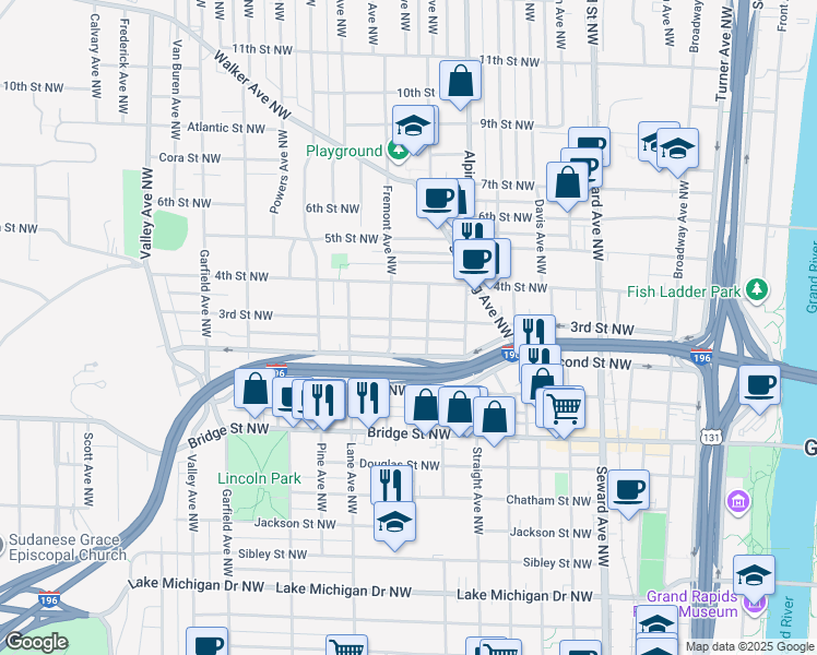 map of restaurants, bars, coffee shops, grocery stores, and more near 856 3rd Street Northwest in Grand Rapids