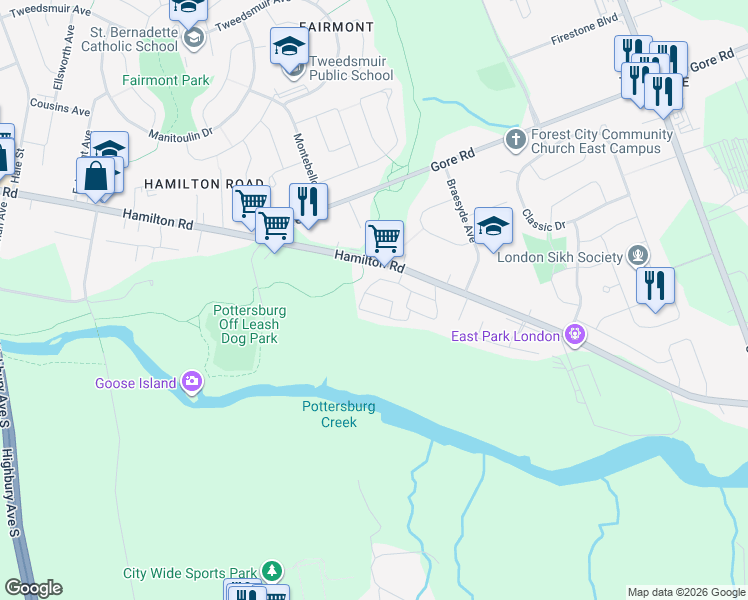 map of restaurants, bars, coffee shops, grocery stores, and more near 1199 Hamilton Road in London