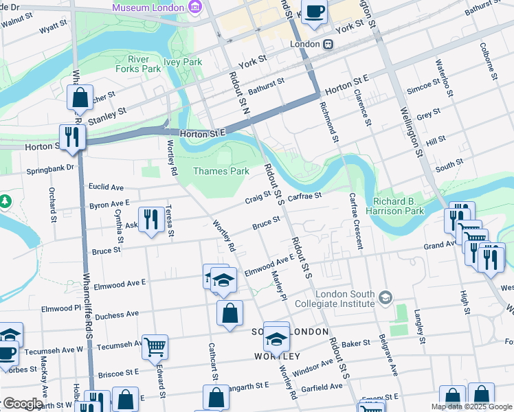 map of restaurants, bars, coffee shops, grocery stores, and more near 190 Bruce Street in London