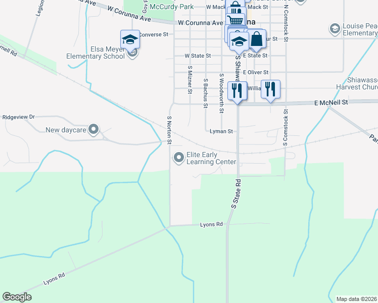 map of restaurants, bars, coffee shops, grocery stores, and more near 601 South Norton Street in Corunna