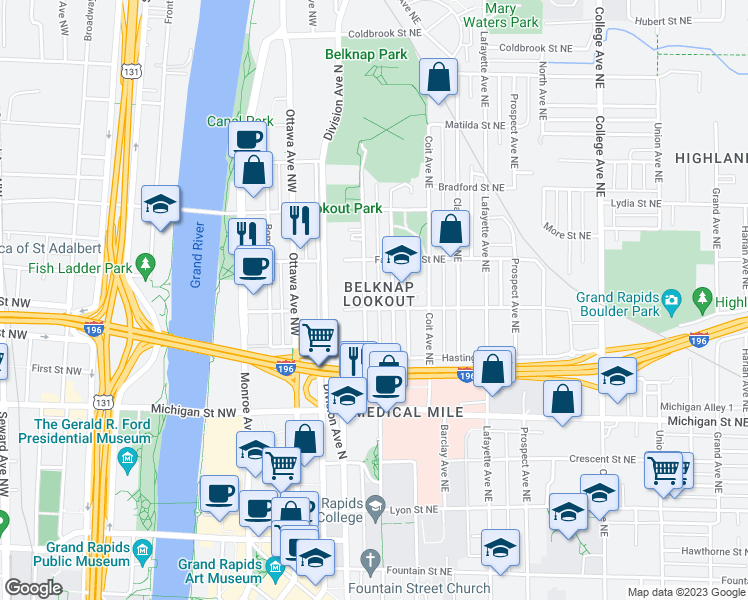 map of restaurants, bars, coffee shops, grocery stores, and more near in Grand Rapids