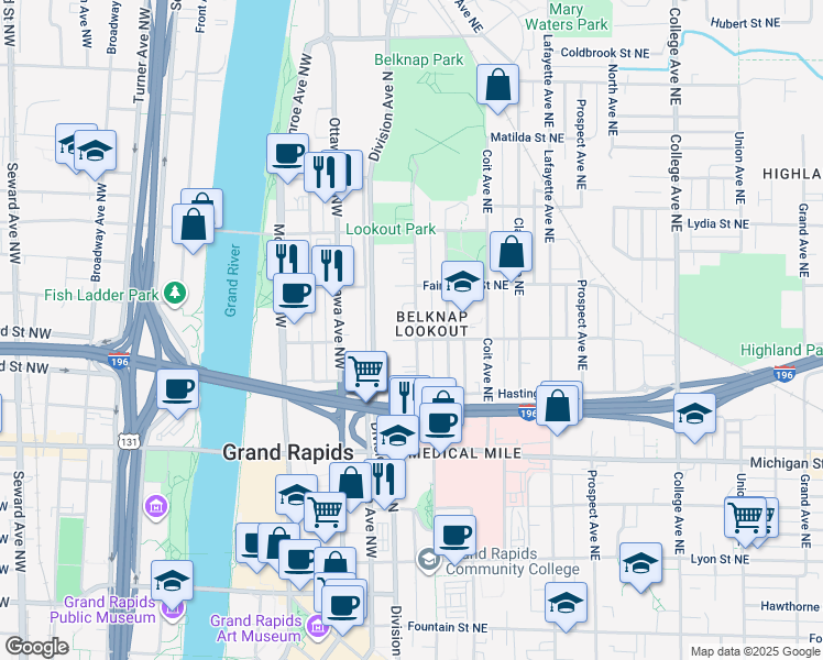 map of restaurants, bars, coffee shops, grocery stores, and more near 4 Trowbridge Street Northwest in Grand Rapids