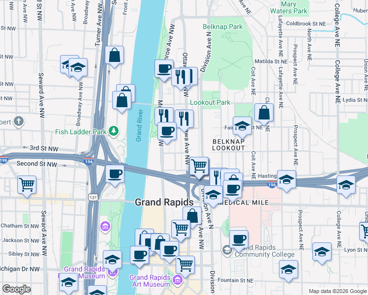 map of restaurants, bars, coffee shops, grocery stores, and more near 600 Bond Avenue Northwest in Grand Rapids