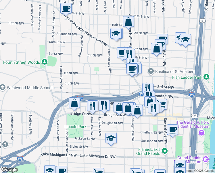 map of restaurants, bars, coffee shops, grocery stores, and more near 923 Second Street Northwest in Grand Rapids
