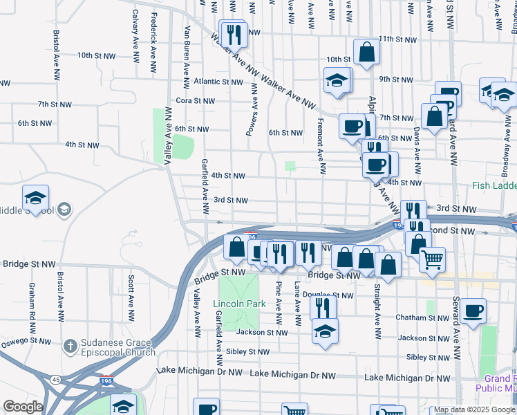 map of restaurants, bars, coffee shops, grocery stores, and more near 1061 Second Street Northwest in Grand Rapids