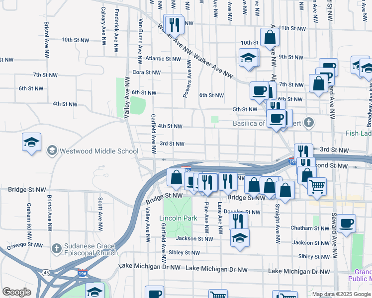 map of restaurants, bars, coffee shops, grocery stores, and more near 1061 Second Street Northwest in Grand Rapids