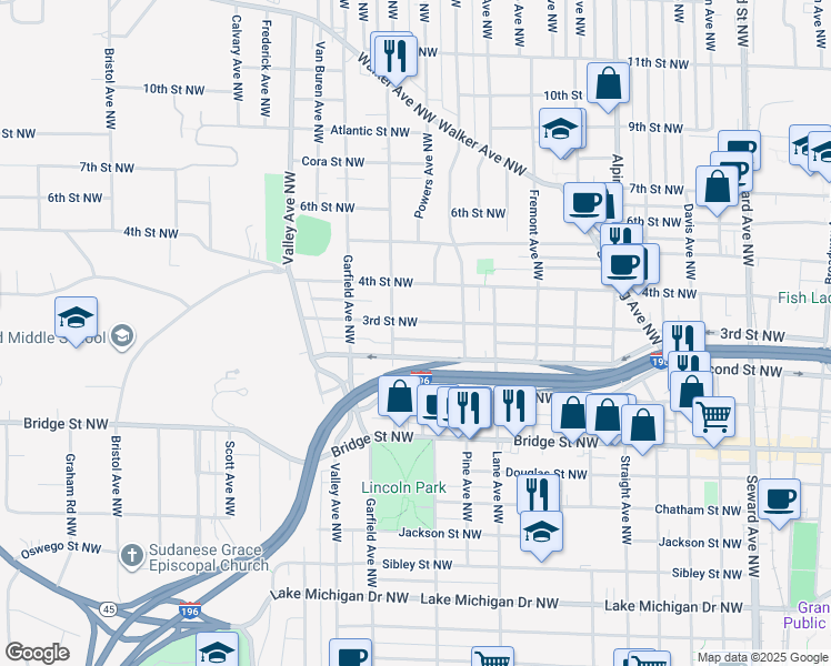map of restaurants, bars, coffee shops, grocery stores, and more near 1061 Second Street Northwest in Grand Rapids