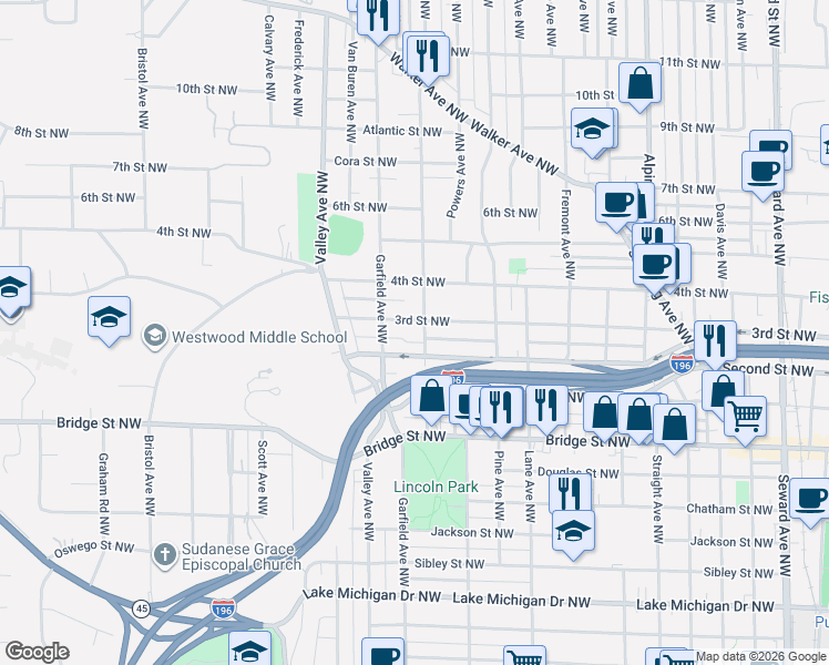 map of restaurants, bars, coffee shops, grocery stores, and more near 546 Lincoln Avenue Northwest in Grand Rapids