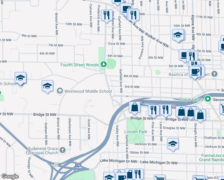 map of restaurants, bars, coffee shops, grocery stores, and more near 548 West Valley Avenue Northwest in Grand Rapids