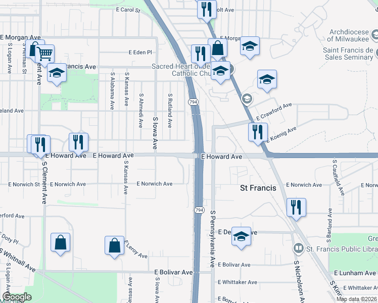 map of restaurants, bars, coffee shops, grocery stores, and more near 2206 East Howard Avenue in Saint Francis
