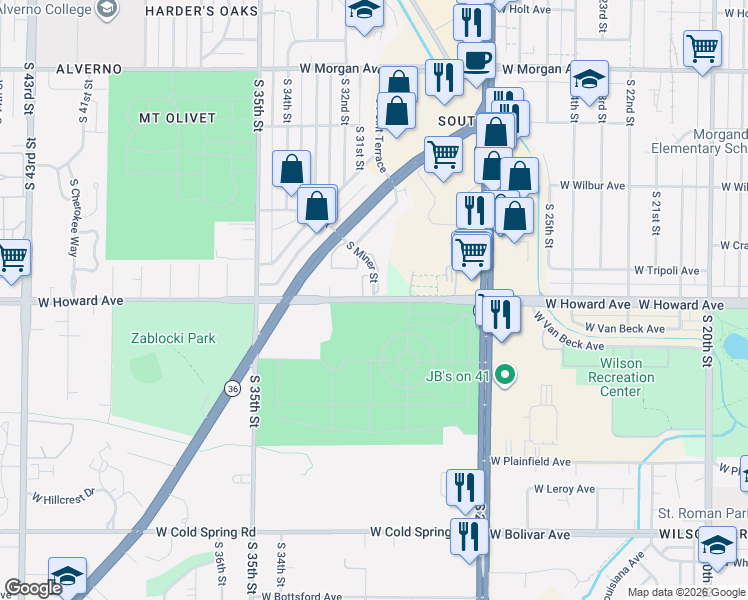 map of restaurants, bars, coffee shops, grocery stores, and more near 3099 West Howard Avenue in Greenfield