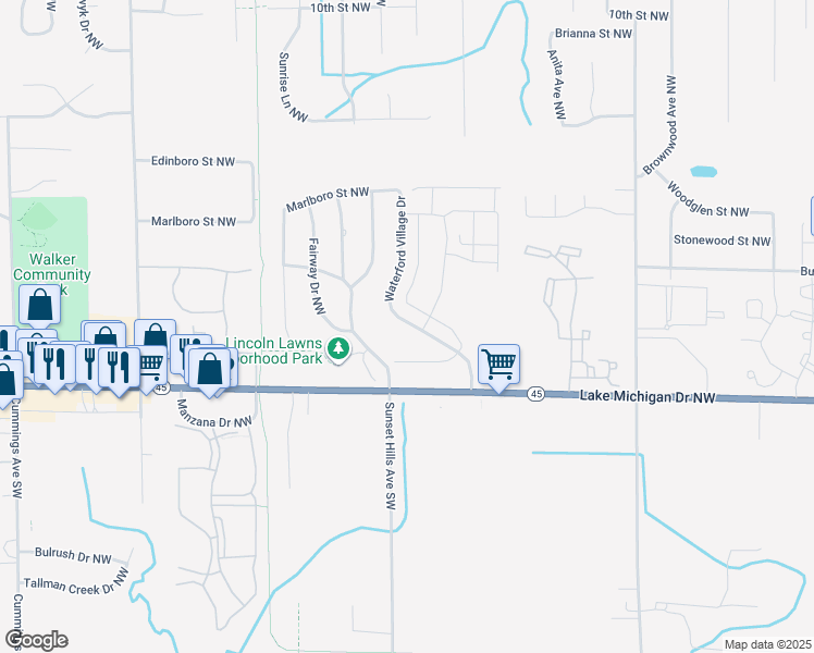map of restaurants, bars, coffee shops, grocery stores, and more near 3485 Lake Michigan Drive Northwest in Grand Rapids