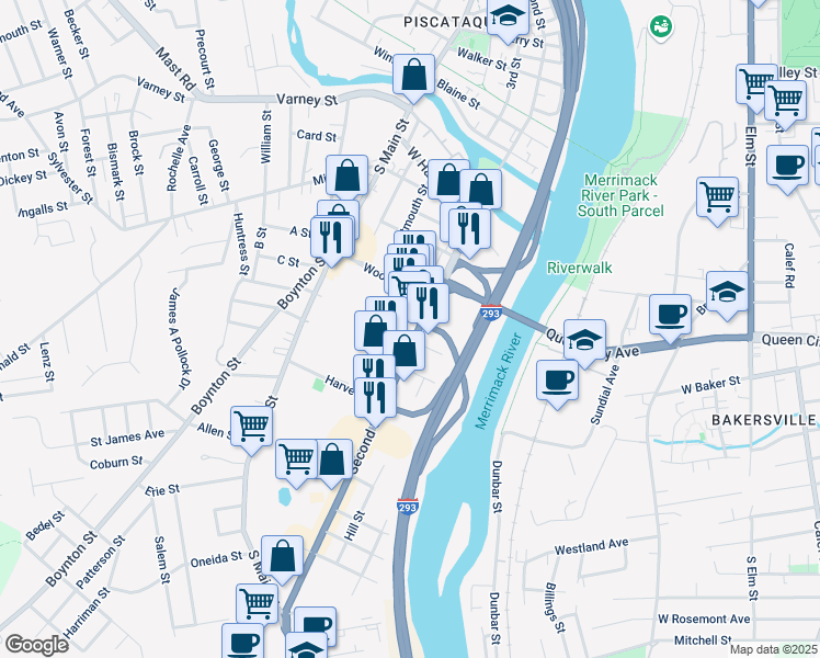 map of restaurants, bars, coffee shops, grocery stores, and more near 596 U.S. 3 in Manchester