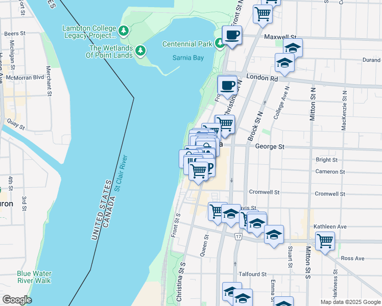 map of restaurants, bars, coffee shops, grocery stores, and more near 201 Front Street North in Sarnia