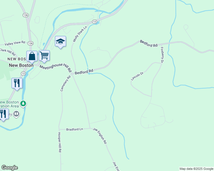 map of restaurants, bars, coffee shops, grocery stores, and more near 28A Bedford Road in New Boston
