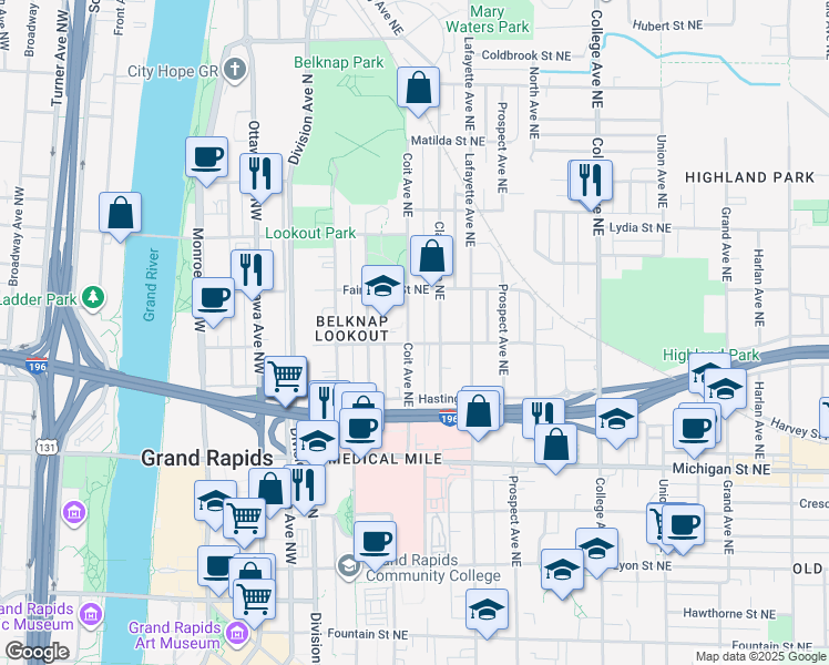 map of restaurants, bars, coffee shops, grocery stores, and more near 608 Coit Avenue Northeast in Grand Rapids