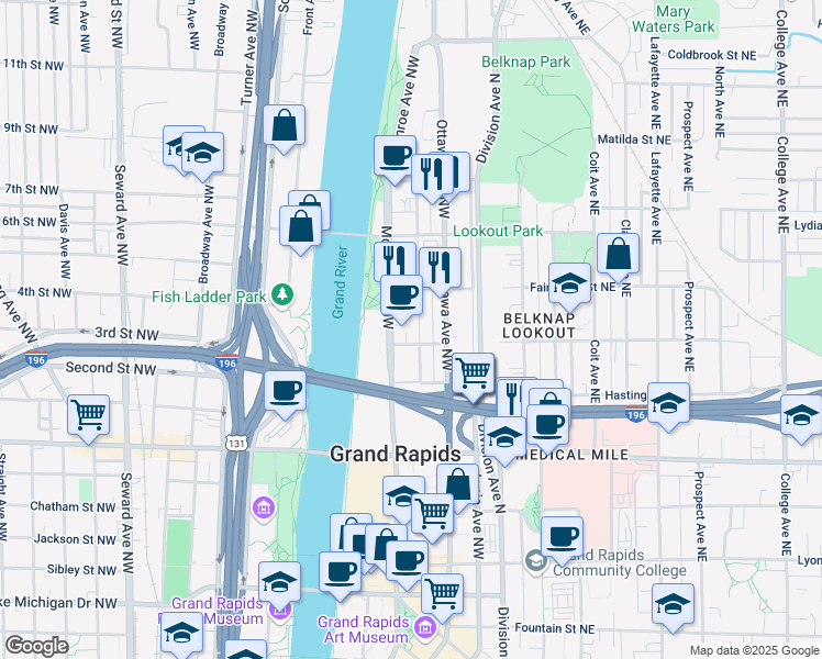 map of restaurants, bars, coffee shops, grocery stores, and more near 600 Bond Avenue Northwest in Grand Rapids