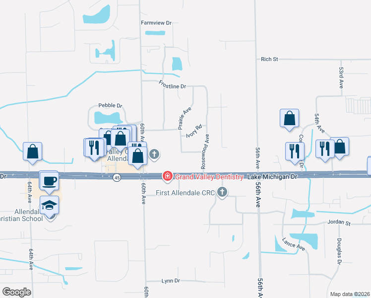 map of restaurants, bars, coffee shops, grocery stores, and more near 5850 Larkspur Lane in Allendale Charter Township