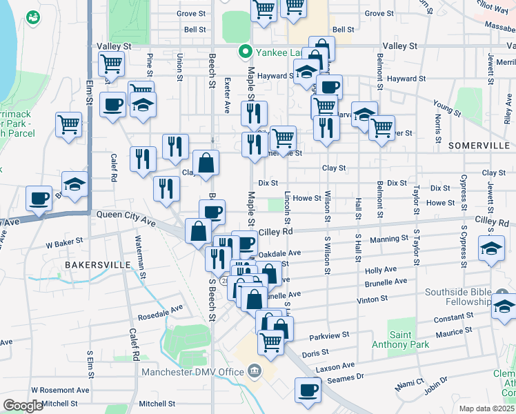 map of restaurants, bars, coffee shops, grocery stores, and more near 391 Shasta Street in Manchester