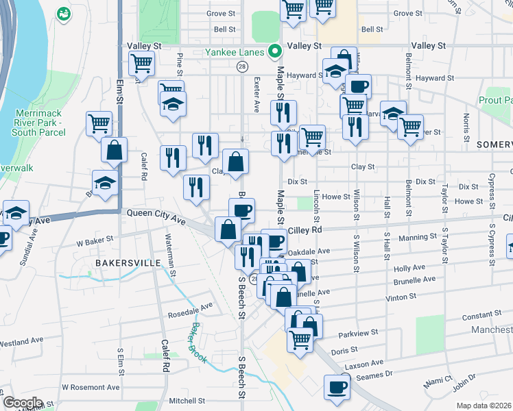 map of restaurants, bars, coffee shops, grocery stores, and more near 357 Shasta Street in Manchester