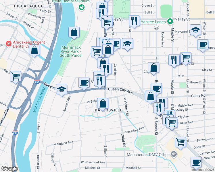 map of restaurants, bars, coffee shops, grocery stores, and more near 17 Elm Street in Manchester