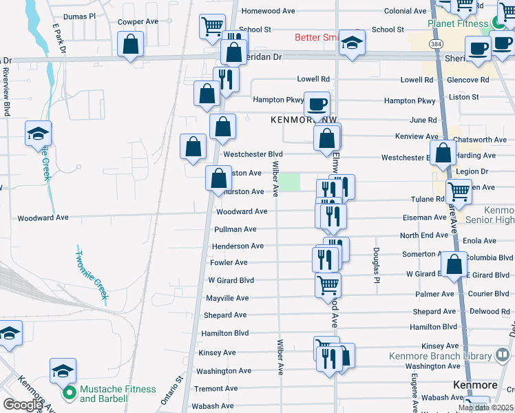 map of restaurants, bars, coffee shops, grocery stores, and more near 124 Woodward Avenue in Kenmore