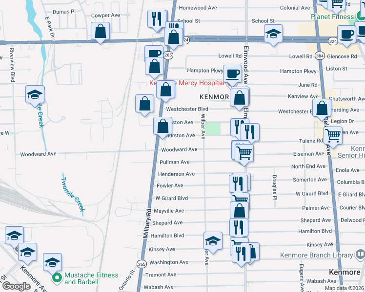 map of restaurants, bars, coffee shops, grocery stores, and more near 164 Woodward Avenue in Buffalo