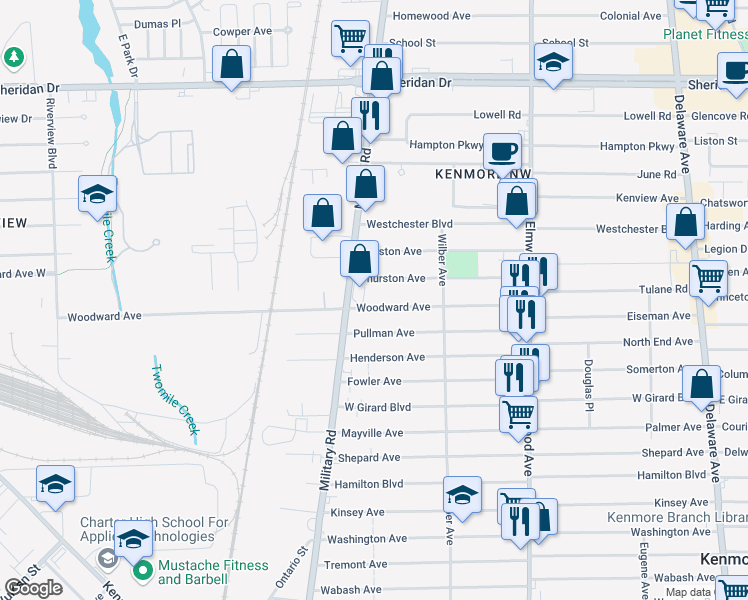 map of restaurants, bars, coffee shops, grocery stores, and more near 164 Woodward Avenue in Buffalo