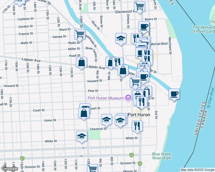 map of restaurants, bars, coffee shops, grocery stores, and more near 800 Pine Street in Port Huron