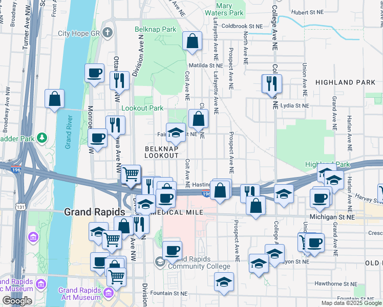 map of restaurants, bars, coffee shops, grocery stores, and more near 547 Clancy Avenue Northeast in Grand Rapids