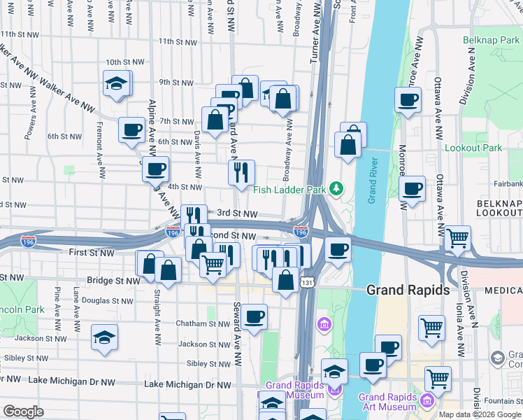 map of restaurants, bars, coffee shops, grocery stores, and more near 466 3rd Street Northwest in Grand Rapids