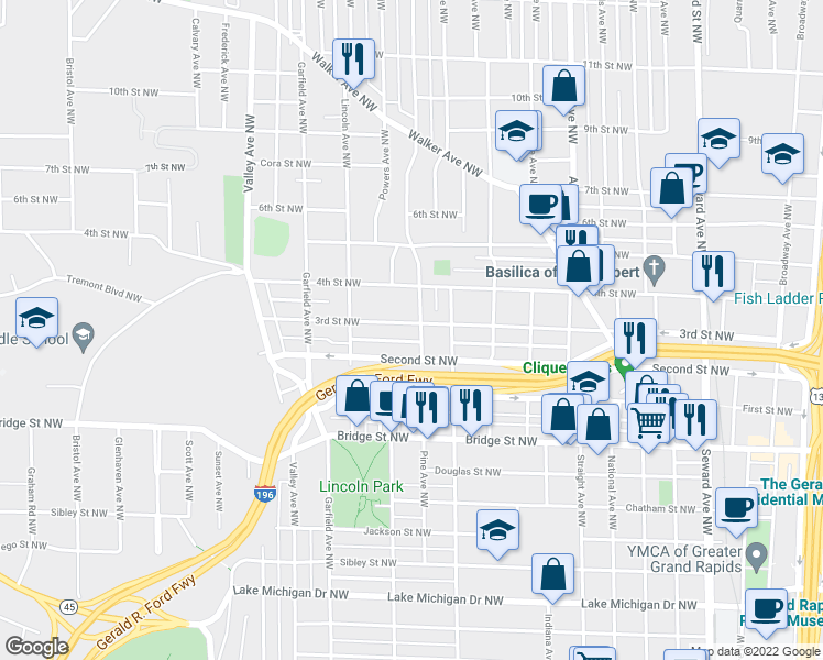 map of restaurants, bars, coffee shops, grocery stores, and more near 548 Pine Avenue Northwest in Grand Rapids