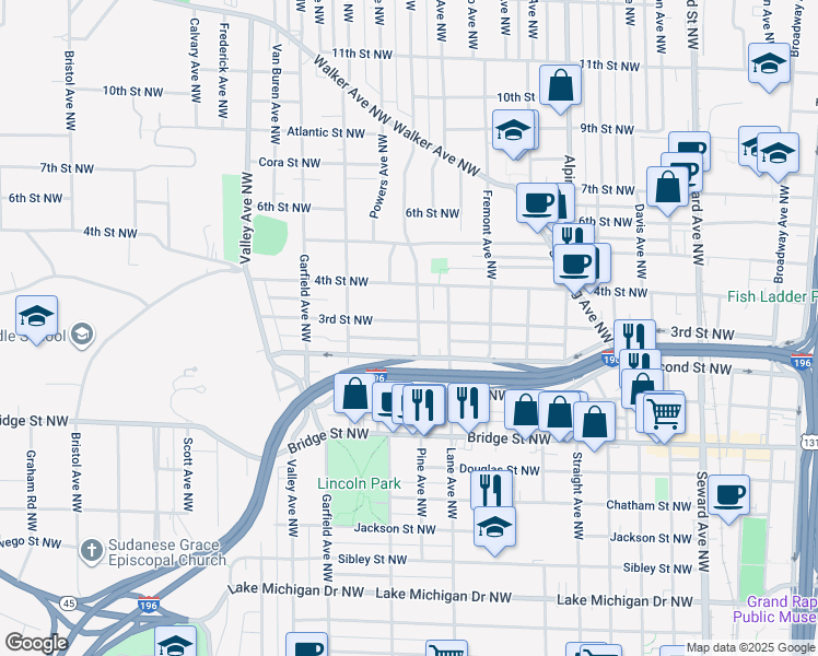map of restaurants, bars, coffee shops, grocery stores, and more near 548 Pine Avenue Northwest in Grand Rapids