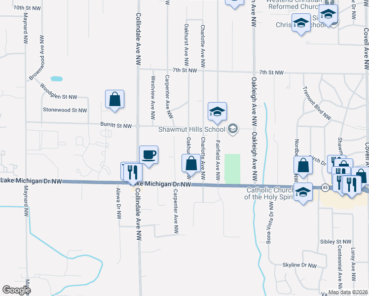 map of restaurants, bars, coffee shops, grocery stores, and more near 458 Oakhurst Avenue Northwest in Grand Rapids