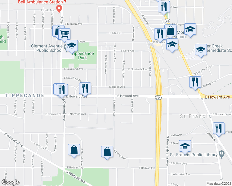 map of restaurants, bars, coffee shops, grocery stores, and more near 1821 East Howard Avenue in Milwaukee