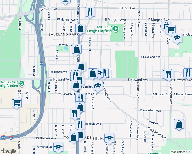 map of restaurants, bars, coffee shops, grocery stores, and more near 3906 South Whitnall Avenue in Milwaukee