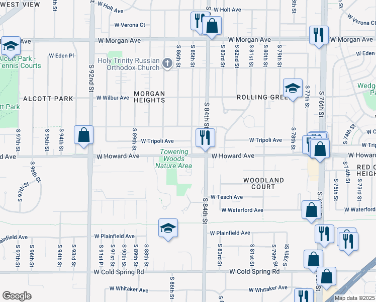 map of restaurants, bars, coffee shops, grocery stores, and more near 8521 West Howard Avenue in Greenfield
