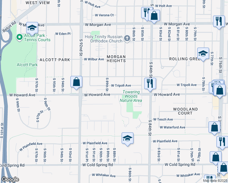 map of restaurants, bars, coffee shops, grocery stores, and more near 8801 West Howard Avenue in Greenfield