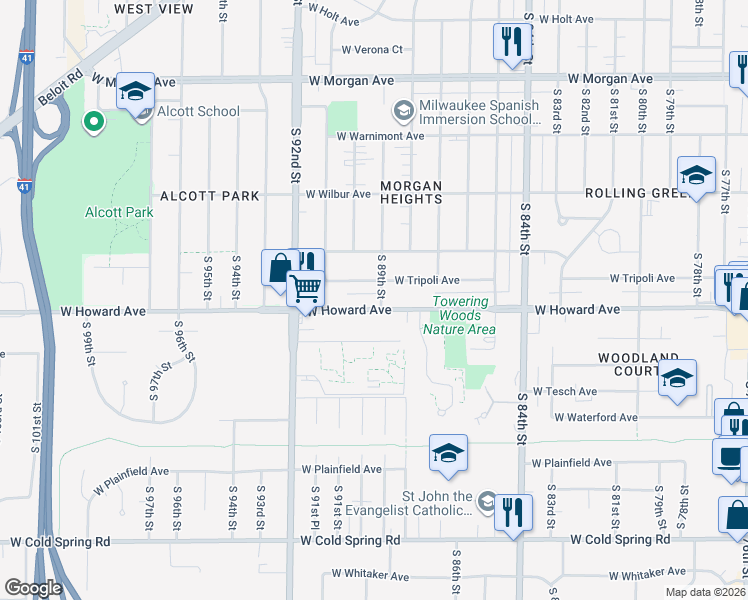 map of restaurants, bars, coffee shops, grocery stores, and more near 8875 West Howard Avenue in Greenfield