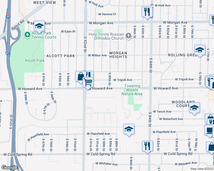 map of restaurants, bars, coffee shops, grocery stores, and more near 8875 West Howard Avenue in Greenfield