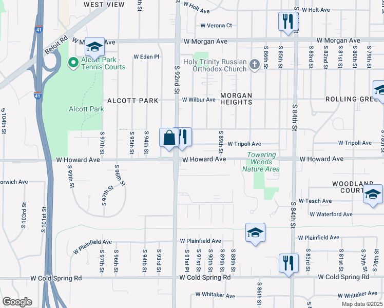 map of restaurants, bars, coffee shops, grocery stores, and more near 9025 West Howard Avenue in Greenfield