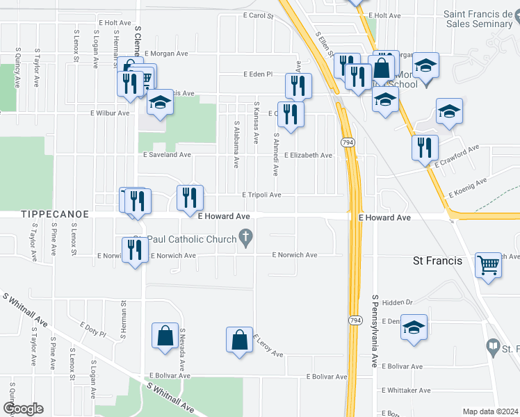 map of restaurants, bars, coffee shops, grocery stores, and more near 1802 East Howard Avenue in Milwaukee