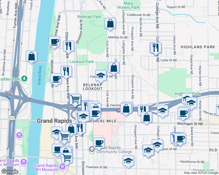 map of restaurants, bars, coffee shops, grocery stores, and more near 608 Coit Avenue Northeast in Grand Rapids