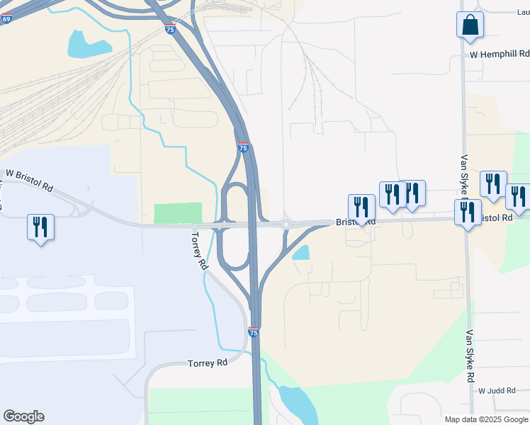 map of restaurants, bars, coffee shops, grocery stores, and more near in Flint