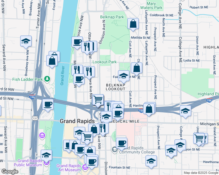 map of restaurants, bars, coffee shops, grocery stores, and more near 613 Fairview Avenue Northeast in Grand Rapids