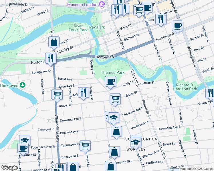 map of restaurants, bars, coffee shops, grocery stores, and more near 122 Wortley Road in London