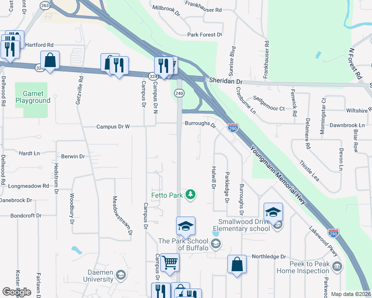 map of restaurants, bars, coffee shops, grocery stores, and more near 99 Thomas Jefferson Lane in Buffalo