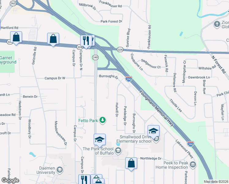 map of restaurants, bars, coffee shops, grocery stores, and more near 39 Halwill Drive in Buffalo