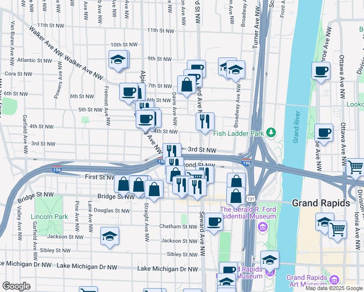 map of restaurants, bars, coffee shops, grocery stores, and more near 641 3rd Street Northwest in Grand Rapids